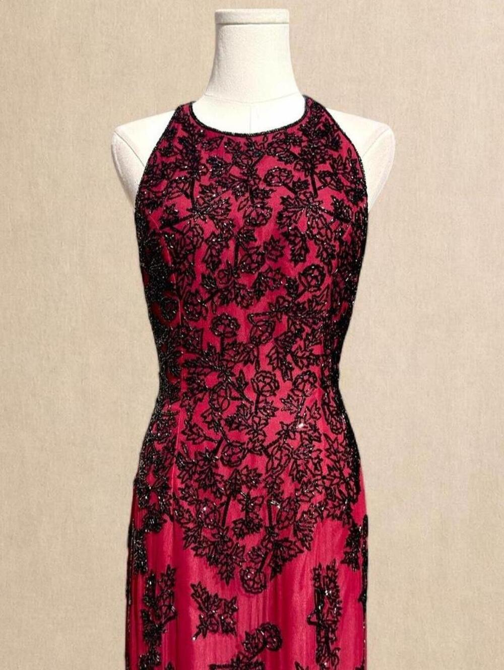 Insane Scala burgundy red maxi silk dress with black beading